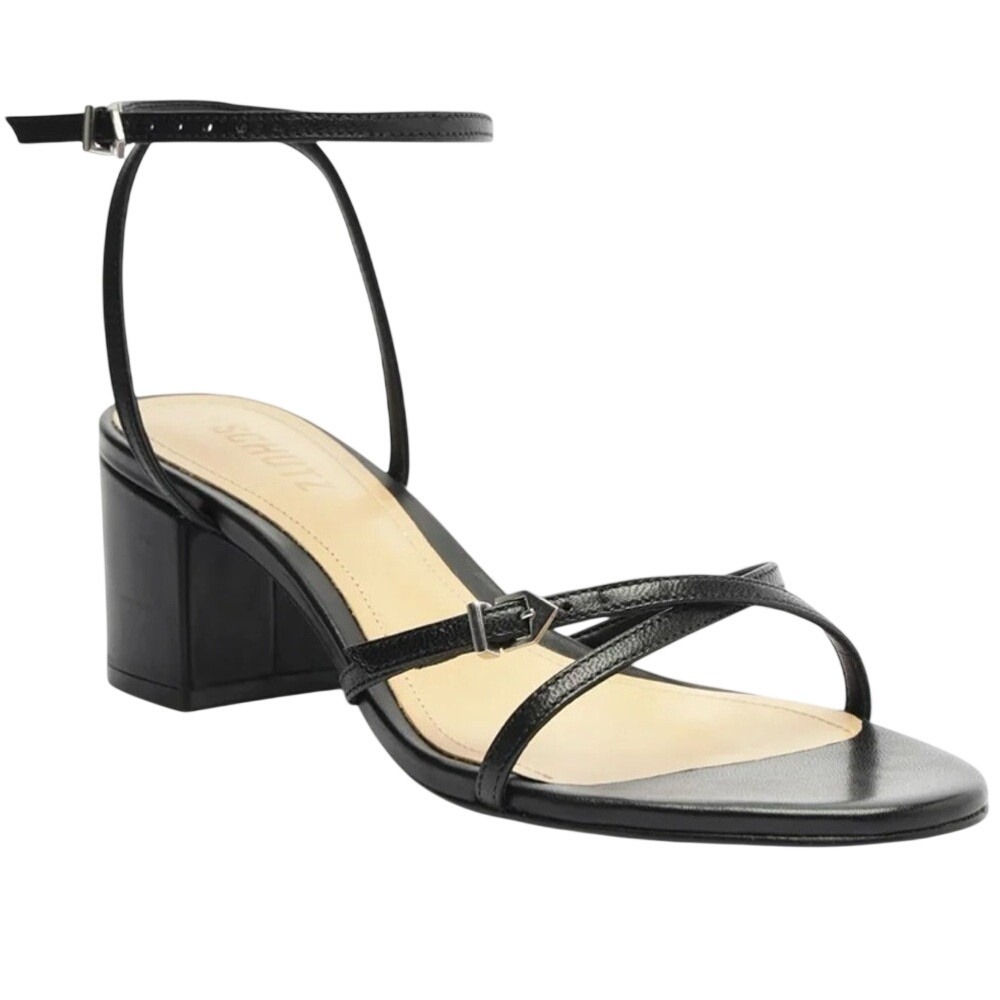SCHUTZ Black Strappy Block Heel Sandals with Ankle Strap